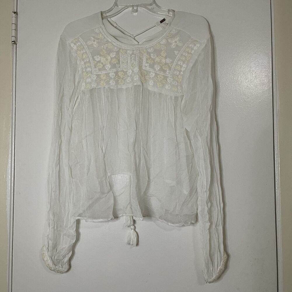 Free People white ivory beaded embroidery sheer long sleeve peasant top Small